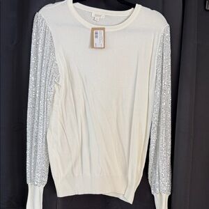 White Sweater with Silver Sequin Sleeves